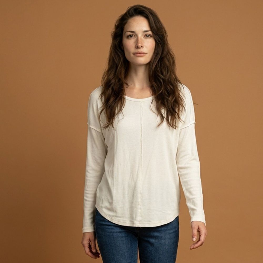 NWT Bobi Los Angeles Women’s Cream Ribbed Raw Hem Long Sleeve Top Blouse- Size L